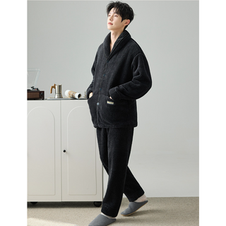 남성 겨울 고급스러운 극세사 홈웨어 따뜻한 수면 파자마 세트