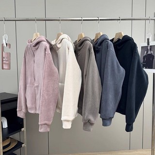 台灣出貨 女士潮牌衛衣 秋冬寬鬆加厚保暖雙面奧利絨連帽搖粒絨開衫衛衣外套女, 深灰色,2XL, 深灰色