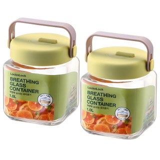 락앤락 숨쉬는 유리용기 옐로우 그린 + 네임택, 1L, 2개