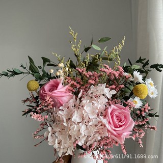 玫瑰尤加利永生花束 乾燥花真花滿天星繡球水晶草 網紅擺件家居裝飾 客廳房間佈置送禮推薦, 綠細葉粉玫不含瓶