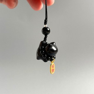 黑曜石招財貓項鍊手機吊飾：歲月靜好天然石黑曜石招財貓，守護平安、招財防小人, 1個, 銀曜石-項圈貓(微瑕疵)