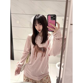 粉色手繪印花圓領長袖T恤女 寬鬆慵懶韓系秋裝打底上衣