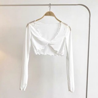 필라테스 연습복 무용 성이 요가 넥 프릴 가디건 발레 볼레로 레이어드 시스루 긴팔 꼬임