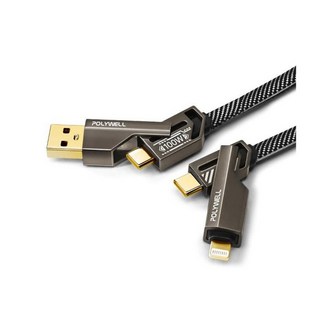 POLYWELL 寶利威爾 四合一機甲100W編織快充線 USB C Lightning 適用蘋果 i16 安卓 台灣現貨, 圖片色, 1個, 1.5m
