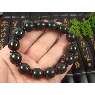 臻品閣 天然A貨 和闐青玉 老形珠 手串 (13x14mm)