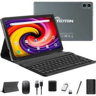 2025 태블릿 10.1인치 2in1 안드로이드 키보드 포함 옥타코어 8(4+4 가상) + 128GB 저장공간 1TB 확장 가능 13MP 8MP 카메라 최신 PC 케이스 마우스, TOOTON 회색