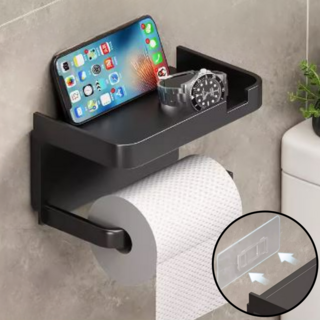 어썸리빙 무타공 모던 휴지걸이 욕실 선반형 화장지거치대, 다크블랙, 1개