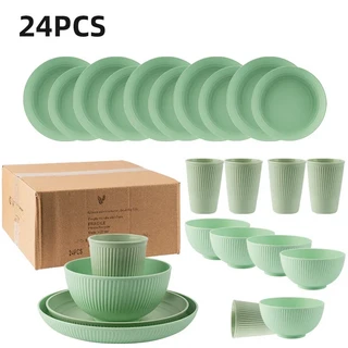 24Pcs 깨지지 않는 밀짚 식기 세트 재사용 가능한 식기 세트 경량 전자 레인지 식기 세척기 안전 접시 컵, 01 Green