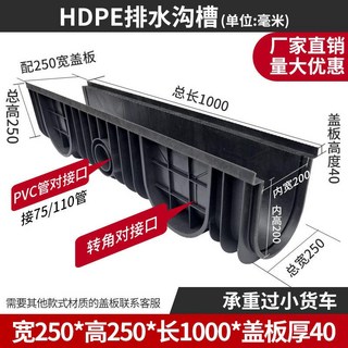 可開發票 U型排水溝槽 線性樹脂HDPE 廚房排水槽 雨水排水溝槽, 1個, 250*250*1000*40mm無蓋板