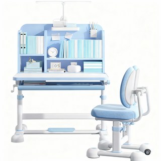 兒童升降桌椅組 學習桌椅 成長書桌 寫字桌 護脊書桌, 藍色, 2層