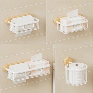 北歐風 捲筒衛生紙架 抽屜紙巾盒 廁所收納籃 木質壁掛式免打孔, 太空鋁黑色,免打孔-小方紙簍, 1個