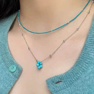 티큐 여성 여름 바캉스 블루 비즈 언발 체인 플라워 레이어드 목걸이 2종 세트 A2302