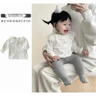 ins寶寶純棉打底衫 女寶寶長袖上衣 四季款 女嬰幼童公主裙內搭衫 荷葉領翻領T恤 白色百搭花瓣領內搭衣