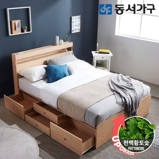 동서가구 스토르 퀸 LED 수납 4서랍 침대+편백황토숯 9존독립 매트리스 DF643306, 화이트그레이
