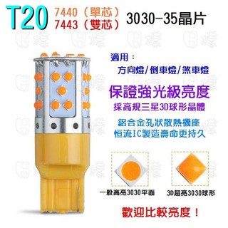 《日樣》強光級 T20 真3030（球形凸燈珠）35燈 解碼恒流 方向燈 倒車燈 定位燈 刹車燈 1156 1157, 1個, T20單芯7440 白光