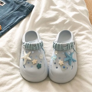 厚底洞洞鞋 藍色海星貝殼包頭拖 女, 升級EVA 黑色洞洞鞋防滑耐磨,40-41碼內長約25.5cm偏大