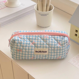 모란코 리본 체크 패브릭 천 필통 파우치, 1개, 스카이블루(체크)