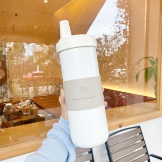 粗吸管奶茶保溫杯750ML 帶簡約杯套隨手杯隨行咖啡杯, 1個, 1L, 灰色:750ML+小人頭杯套