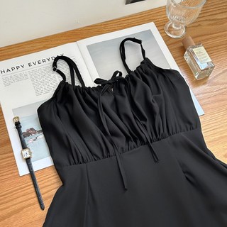 Fee胸前抓皺綁帶細肩長洋裝，修身長洋、細肩帶長洋，多色可選，韓系女裝夏裝, 現貨-黑色F