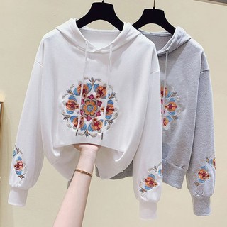 카카보보 여성 편안한 순면 후드티 자수 꽃 후드맨투맨 얇은 긴팔티 데일리 봄가을 오버핏 티셔츠