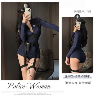 性感空姐制服套裝 歐美風女警 cosplay 服飾, 1個, 深藍套裝【連體衣+綁帶+對講機】均碼 【80-120斤】