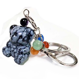 小熊與彩虹珠包包掛飾鑰匙圈 天然雪花石 東菱玉 黃玉 白玉, 1個, A 雪花石, A 雪花石