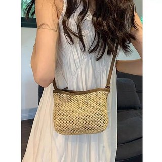 kiki 夏季新款迷你小包包 小清新田園風斜挎草編包 編織小方包, 棕色