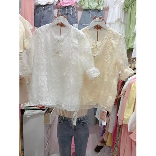 扉娜VINASHOP 蕾絲珍珠水鑽蝴蝶結宮廷風花邊造型襯衫上衣