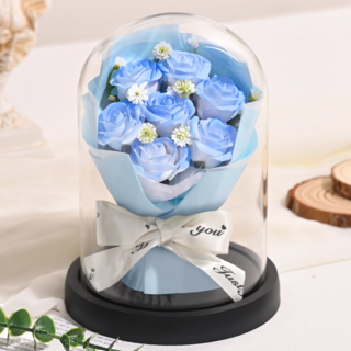 유리돔 기념일선물꽃다발 인테리어무드등, 블루장미 무드등
