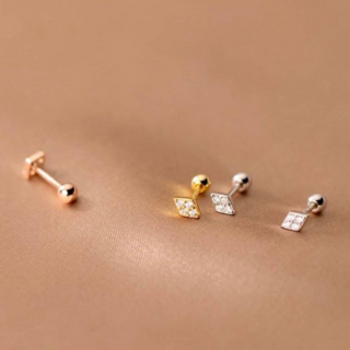 SUMMER韓 925純銀 菱方鑽螺紋轉珠耳環 鎖珠式耳環