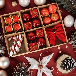 크리스마스 트리오너먼트 트리 볼 리본 지팡이 선물 장식 세트, 레드