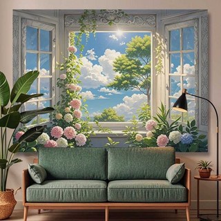唯美夢幻窗戶背景布 ins風掛布 臥室房間牆面裝飾掛畫 床頭佈置掛毯 送安裝包, 2,100*70公分, 2