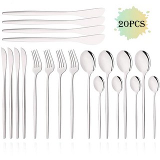 20Pcs 식기 Flatware 세트 거울 블랙 칼 붙이 스테인레스 스틸 포크 버터 나이프 티스푼 저녁 주방, 03 Silver