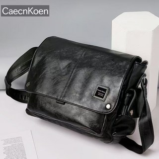 Caecn Koen 男士復古皮革斜背包，多隔層設計，肩帶可調節，時尚百搭, 黑色
