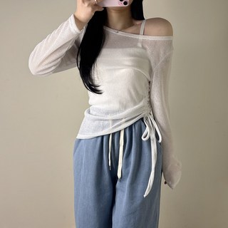 VANANA2 여성 국내제작 린넨 옆 스트링 셔링 시스루 언발 니트