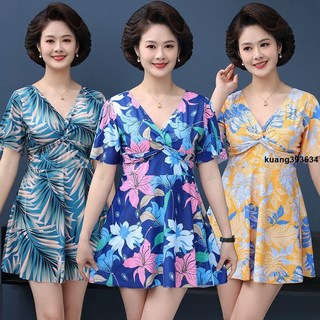 泳衣女 送泳帽泡溫泉加大碼游泳衣女分體平角褲裙式保守中年媽媽泳裝胖MM, 桔色6208+泳帽,4XL碼 建議160-200斤