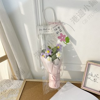 手工毛絨花花束 編織泡芙花畢業禮物, 標配透明花+燈+賀卡+紫色, 1個