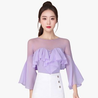 댄스복 상의 여성용 망사 패치 점프슈트 나팔 슬림 스판 댄스 티셔츠 Women's T-shirt