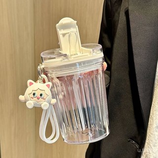 吸管隨手夏季杯子-高顔值塑料便攜可愛水杯, 黑色450ML+玩偶,杯+吸管刷, 1個