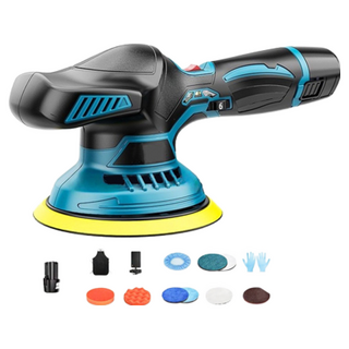 TRADER 崔德國貿 無線鋰電拋光打蠟機，汽車美容打蠟機，車用多功能電動打蠟機，偏心軸打蠟機，含多種拋光盤及鋰電池, 【打蠟機】+電池X1全套配備