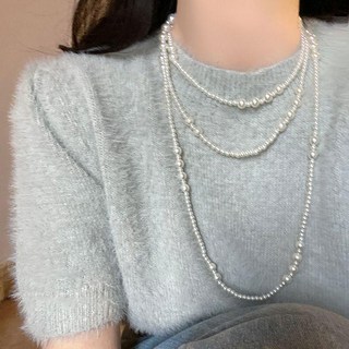全店折扣 法式復古疊戴多層珍珠項鍊女2025新款高級感鎖骨鏈秋冬長款毛衣鏈