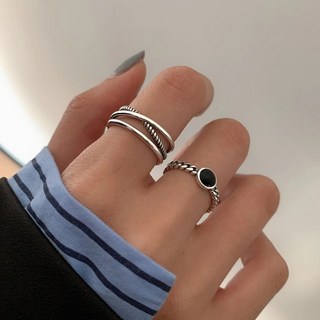 LUMIEVER 실버 블랙 스타일 오픈링 반지 2개 여성 심플한 데일리 반지