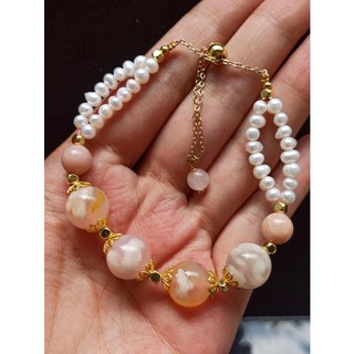 櫻花瑪瑙珍珠設計款925銀手鍊