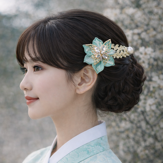 콩이네리본 큐빅나비 한복머리핀 민트 설날 추석 명절 한복헤어핀 전통 한복악세사리 장신구 외국인선물