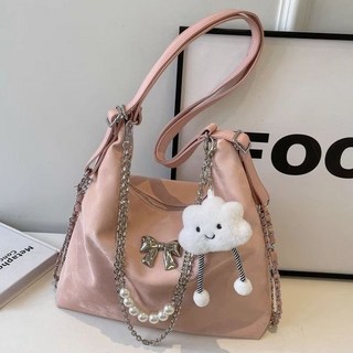 斜挎包 大容量 單肩包 時尚百搭, 粉色+雲朵掛件【精選優質皮革】