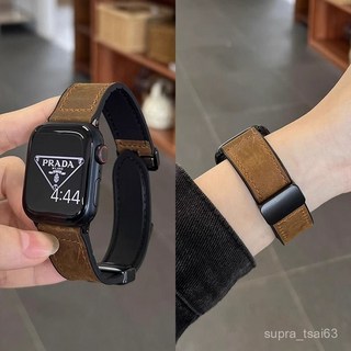 真皮商務磁吸扣錶帶 適用於Apple watch 10 9 8 7 6 5 4 SE 40/41/42/46mm蘋果錶帶, 瘋馬紋-深棕色【附黑色接頭】,42/44/45/49mm, 1個