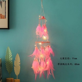 美好生活家居鋪 捕夢網掛件，手工編織掛毯ins風，客廳玄關掛飾壁掛，北歐臥室裝飾牆飾, 粉色小雙層+燈珠11x65cm