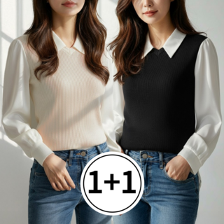 르블링 구김 없는 여성 셔츠 링클프리 니트 조끼 레이어드 블라우스 2종세트