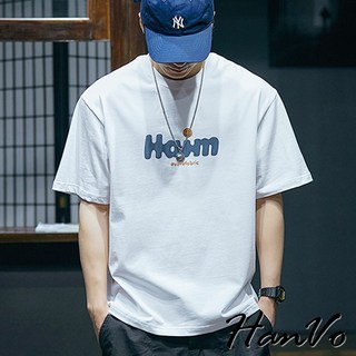 HanVo 男款美式HAIM笑臉短袖圓領上衣 - 純棉吸濕排汗舒適休閒韓版潮流T恤 (B01-1075)