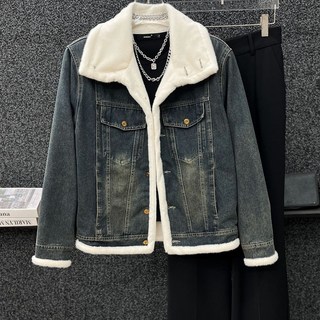 男友風高級感秋冬毛領牛仔外套，男款水洗加厚加絨寬鬆羊羔毛棉服，百搭保暖舒適